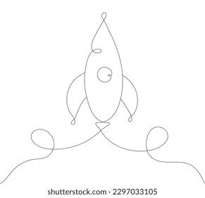 Rocket line concept. Minimalistic creativity and art. Exploration of galaxies and universes. Startup and business idea. One continuous line shuttle, outer space. Cartoon flat vector illustration