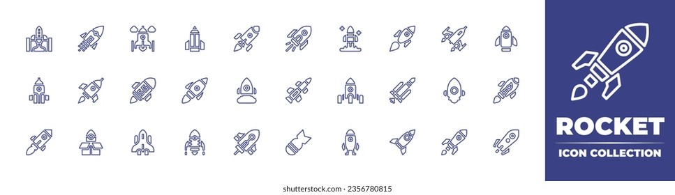 Colección de iconos de línea de cohetes. Trazo editable. Ilustración vectorial. Conteniendo lanzamiento, cohete, nave espacial, lápiz, inicio, puesta en marcha, bomba, nave espacial, despliegue, emprendedor, lanzamiento de proyecto.