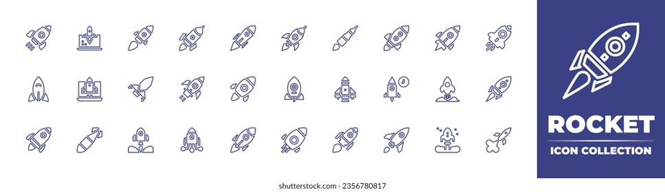 Rocket line icon collection. Editable stroke. Vector illustration. Containing rocket, rocket launch, rocket ship, take off, startup, release, launch.