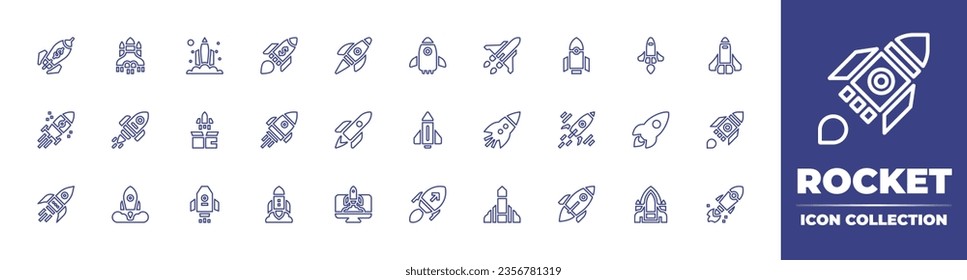 Rocket line icon collection. Editable stroke. Vector illustration. Containing rocket, spaceship, launch, startup, astronomy, space rocket, space shuttle, deployment, shuttle, rocket launch.