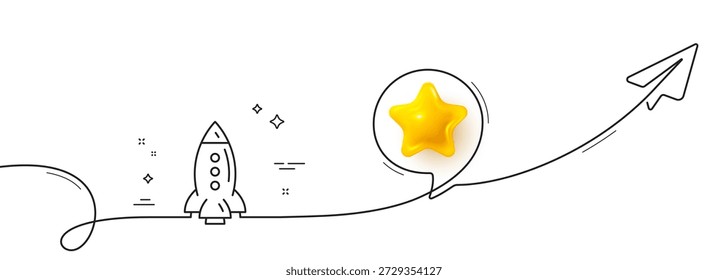 Icono de línea de cohete. Línea continua con plano compartido. Señal de transporte de la nave espacial. Símbolo de la aeronave. Estrella 3D en la burbuja del discurso. Cinta de una sola línea Rocket. Patrón de curva de bucle. Vector