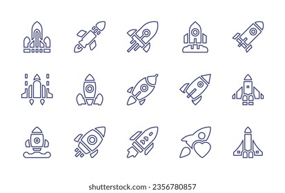 Conjunto de iconos de línea de cohetes. Trazo editable. Ilustración vectorial. Con nave espacial, cohete, lanzamiento de cohetes, favorito, transbordador espacial, inicio.