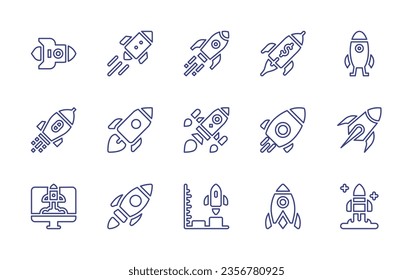 Symbol für die Raketenlinie eingestellt. Bearbeitbarer Strich. Vektorgrafik. Mit Rakete, Startup, Raketenschiff, Start, Unternehmer.