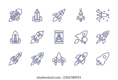 Rocket line icon set. Editable stroke. Vector illustration. Containing rocket, pencil, spaceship, startup, smartphone, space shuttle.