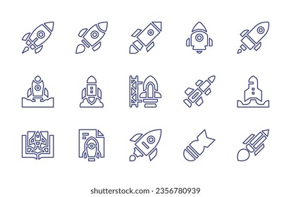 Rocket line icon set. Editable stroke. Vector illustration. Containing rocket, rocket ship launch, bomb, startup, deployment.