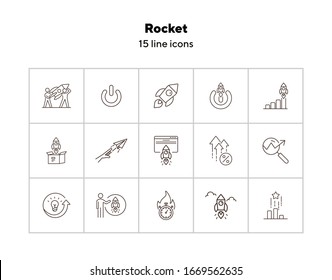 Juego de iconos de línea de cohete. Lanzamiento, inicio, idea, proyecto. Concepto de inicio. Se puede utilizar para temas como negocios, innovación, asociación, empresa