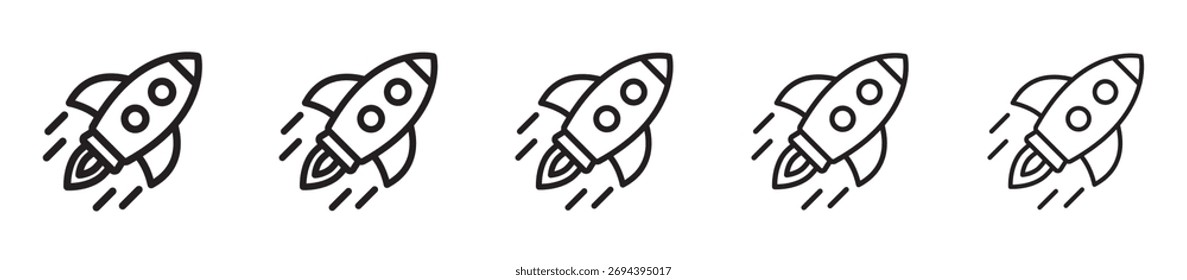 Conjunto de iconos de líneas de cohetes: cohetes de contorno mínimo, lanzamiento de startups y símbolos de innovación