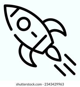 Icono de línea de cohetes. La nave espacial está volando con una llama. Concepto de diseño de la semana espacial mundial, pictograma de estilo de contorno sobre uso blanco para y aplicación. Eps 10.