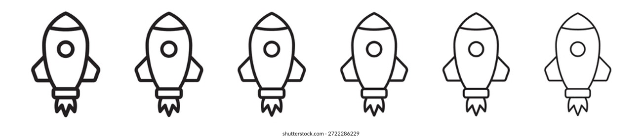 Conjunto de iconos de línea de cohete, lanzamiento de startups, crecimiento e innovación