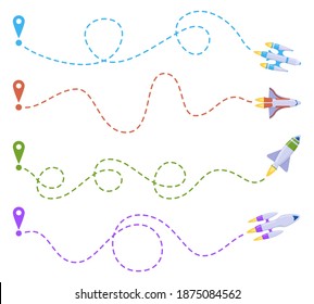 Rocket line route. Space travel dashed line trace, spacecraft ship routes, flying shuttle. Aerospace rockets dotted line route vector illustration. Flight line way, rocket path dotted
