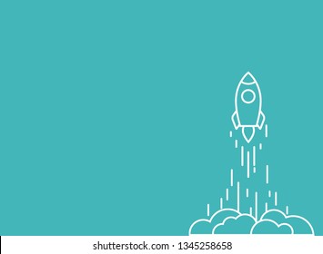Rocket line ship with fire and clouds. Isolated on powder blue. Flat linear vector illustration with flying shuttle. Space travel. Space rocket launch. New project start up concept. Creative idea.