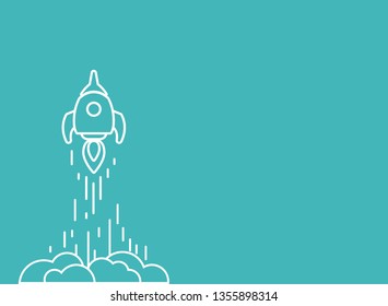 Rocket line ship with fire and clouds. Isolated on powder blue. Flat linear vector illustration with flying shuttle. Space travel. Space rocket launch. New project start up concept. Creative idea.