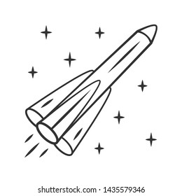 Rocket linear icon. Missile, spacecraft, aircraft. Human spaceflight. Space exploration. Interplanetary travel. Thin line illustration. Contour symbol. Vector isolated outline drawing. Editable stroke