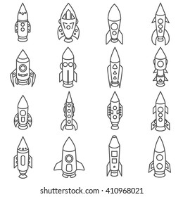 rocket linear icons on white background. set Icons of rockets of various shapes.collection of icons missiles in a thin line style
