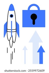 Rocket and lock in blue with upward arrows. Ideal for themes innovation, security, growth, technology, and startups. Clean and modern style