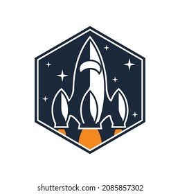 Rocket Logo Badge Takes Off Into Space To Carry Out A Space Mission To Find Aliens Near Black Holes. This Expedition Brings The Best Astronauts From Earth On A Mission Of Universal Peace.