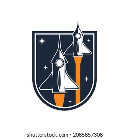 Rocket Logo Badge Takes Off Into Space To Carry Out A Space Mission To Find Aliens Near Black Holes. This Expedition Brings The Best Astronauts From Earth On A Mission Of Universal Peace.