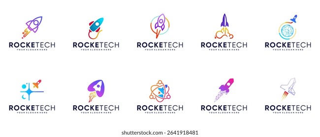 rocket logo collection with abstract technology concept, space exploration, science education, vector graphic design.