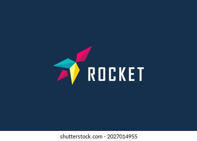 Rocket Logo. Colorful Geometric Arrow Up Icon Origami Style isolated on Blue Background. Usable for Business and Technology Logos. Flat Vector Logo Design Template Element.