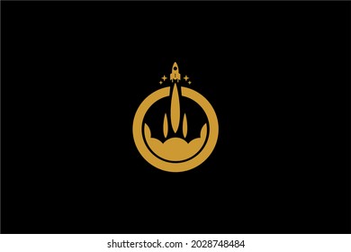Rocket logo design. Blue planet sign symbol. Rocket launching icon vector. 