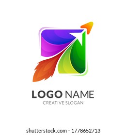 Rocket Logo Design, Fast Rocket Launch Vector Illustration, Colorful Spaceship Logo, Planet Exploration Icon