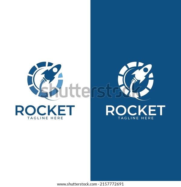 rocket logo design template. Rocket\
takes off from the surface of the moon or another\
planet.
