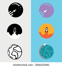 rocket logo design template.Rocket takes off from the surface of the moon or another planet.