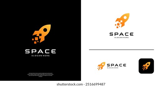 Rocket logo with digital tech symbol vector illustration.