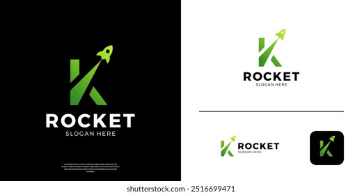 Rocket logo with gradient letter K symbol vector illustration.