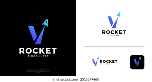 Rocket logo with gradient letter V symbol vector illustration.