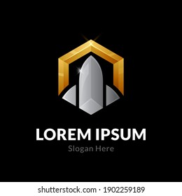 Rocket logo in hexagon frame with 3d concept gold and silver shiny color