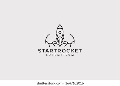 rocket logo. illustration of a rocket starting to glide up with thick smoke. vector line icon template