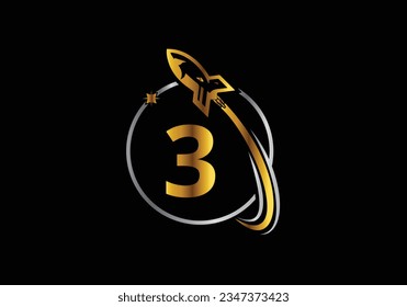 Rocket Logo On Letter 3 Vector Template design. Rocket icon. Font emblem. Modern vector logo for business and company identity.