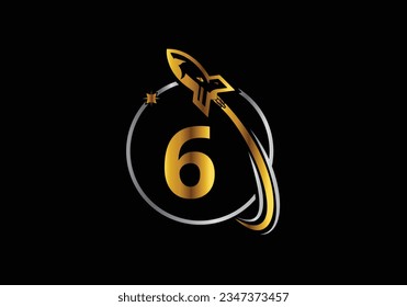 Logo De Cohetes En El Diseño De Plantilla De Vector Letra 6. Icono de cohete. emblema de letra. Logo vectorial moderno para identidad empresarial y de empresa.