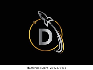 Diseño de la plantilla de vectores de letras D con logotipo de cohete. Icono de cohete. emblema de letra. Logo vectorial moderno para identidad empresarial y de empresa.