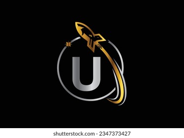Rocket Logo auf Letter U Vector Template Design. Raketensymbol. Schriftemblem. Modernes Vektorlogo für Unternehmens- und Firmenidentität.