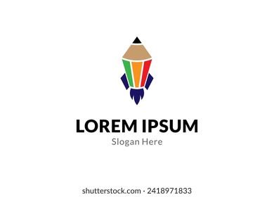 rocket logo with pencil shape combination in flying style in colorful vector