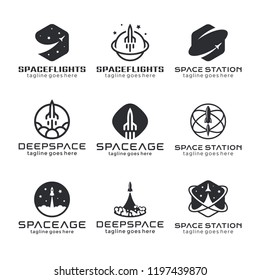 Logo de los cohetes, emblemas espaciales, lanzamiento de la nave espacial, iconos de la aviación