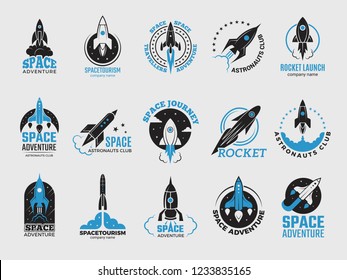 Rocket logo. Space satelite retro shuttle moon discovery logotypes of observatory vector black badges isolated