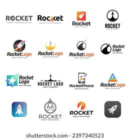 Rocket logo. Space satelite retro shuttle moon discovery logotypes of observatory vector black badges isolated. Shuttle and satellite, spaceship and rocket adventure illustration