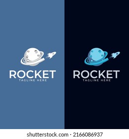 rocket logo. Rocket takes off from the surface of the moon or another planet.