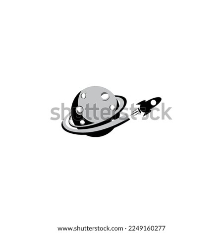 rocket logo. Rocket takes off from the surface of the moon or another planet.