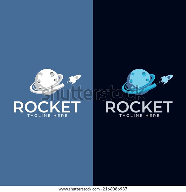rocket logo. Rocket takes off from the surface of\
the moon or another\
planet.