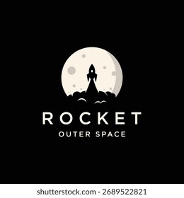 Plantilla del logotipo del cohete que lanza a la luna, con diseño creativo.