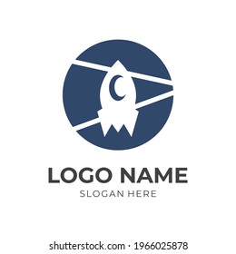 rocket logo vector with flat blue color style