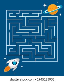 Rocket is looking for a way to the planet. Children's game maze. Space concept. Illustration.