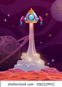 Rocket lounch from alien planet. Fast space ship start concept. Beautiful futuristic poster with cartoon planets and spaceship. Vector illustration.