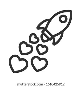 Rocket of love. Heart instead of smoke, linear icon. Editable stroke