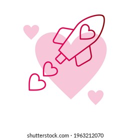 Rocket love icon.Romantic illustration vector symbol. Minimalist outline pink color.