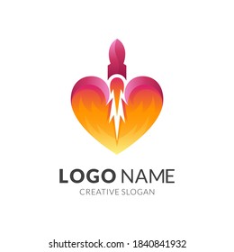 rocket love logo, rocket and love, combination logo with 3d red and yellow color style